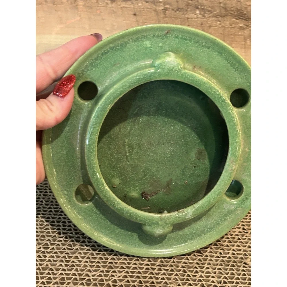 Ceramic Vase Pot Attached Drip Plate Green Glaze Vintage Terra Beautiful‎